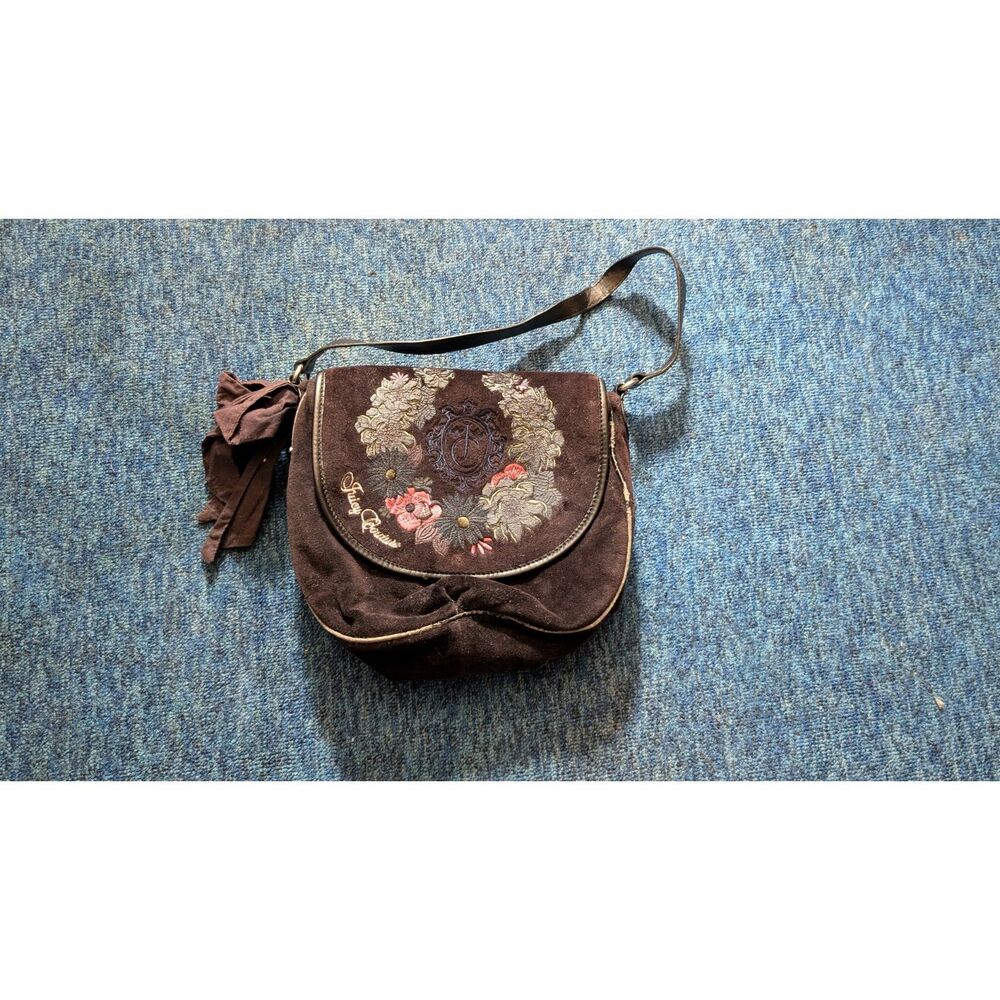 Y2K BLACK VELOUR JUICY COUTURE EMBROIDERED FLORAL FLAP BAG